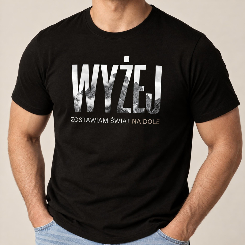 Koszulka męska xpossible „Zostawiam świat na dole” – kolor: czarny, zbliżenie na grafikę