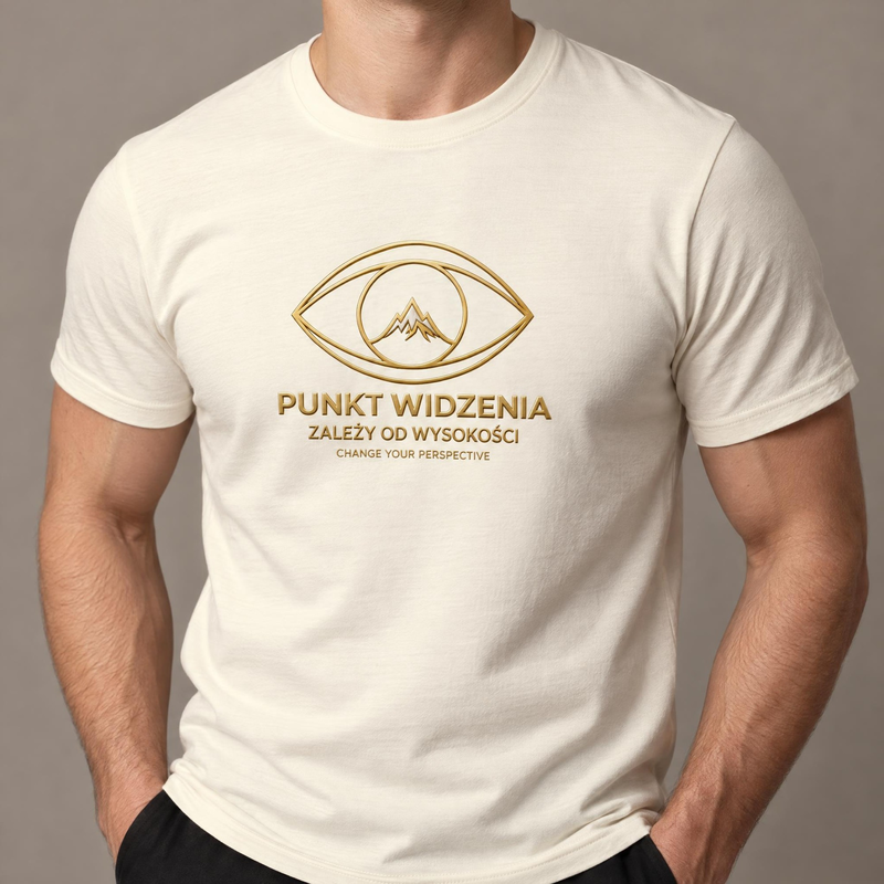 Koszulka męska xpossible „Punkt widzenia” – kolor: kremowy, zbliżenie na grafikę
