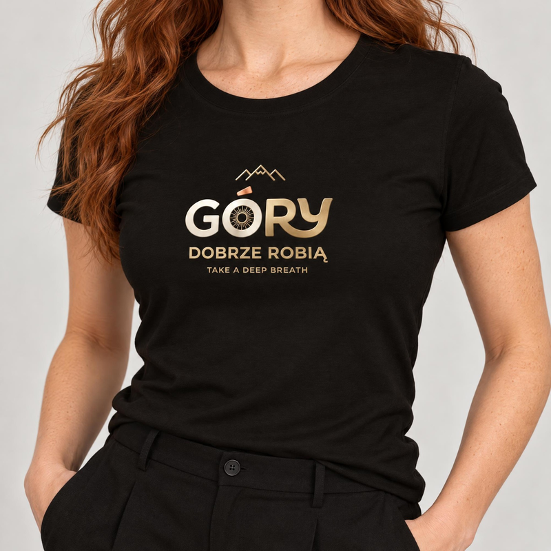 Koszulka damska xpossible „Góry dobrze robią” – kolor: czarny, zbliżenie na grafikę