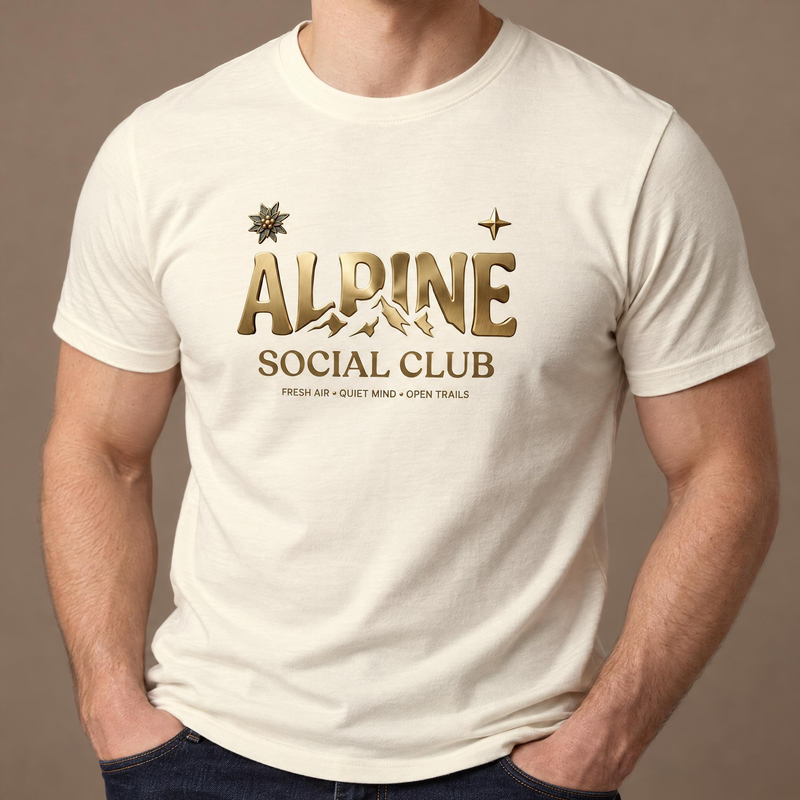 Koszulka męska xpossible „Alpine Social Club” – kolor: kremowy, zbliżenie na grafikę